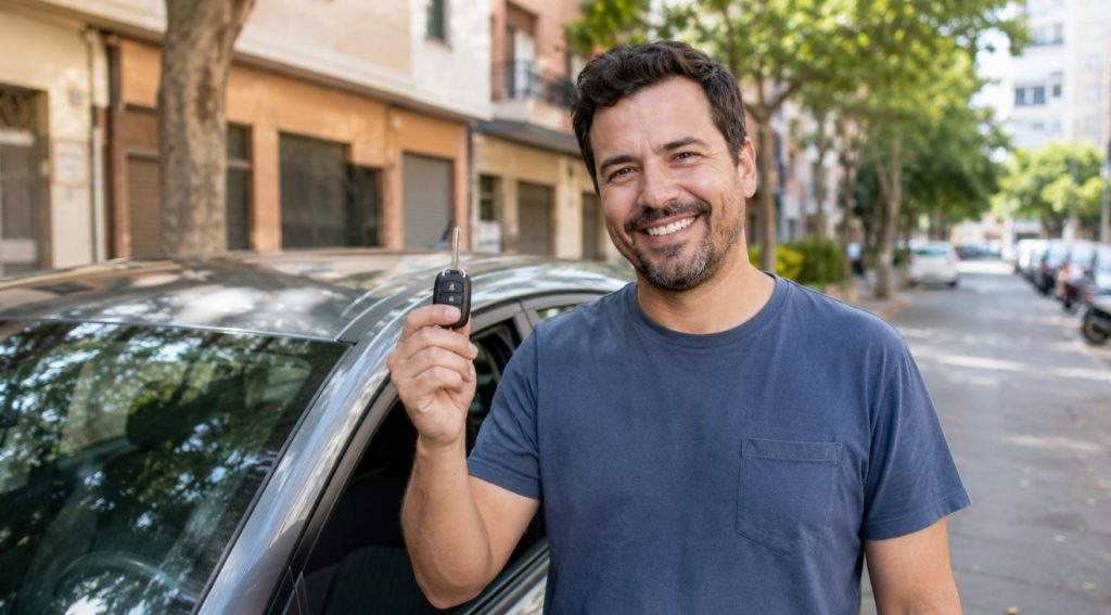 Persona con las llaves de su coche tras empeñarlo y seguir conduciéndolo