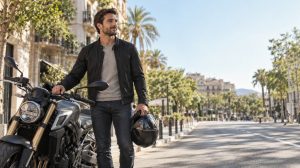 Persona junto a su moto tras solicitar un empeño sin dejarla en Barcelona