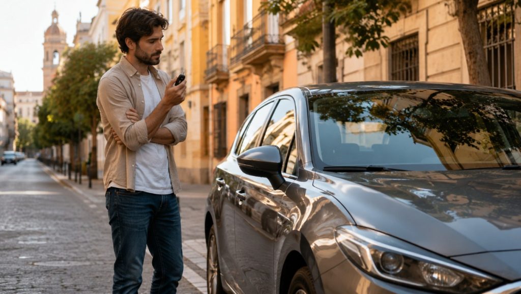 Propietario decidiendo entre vender o empeñar su coche